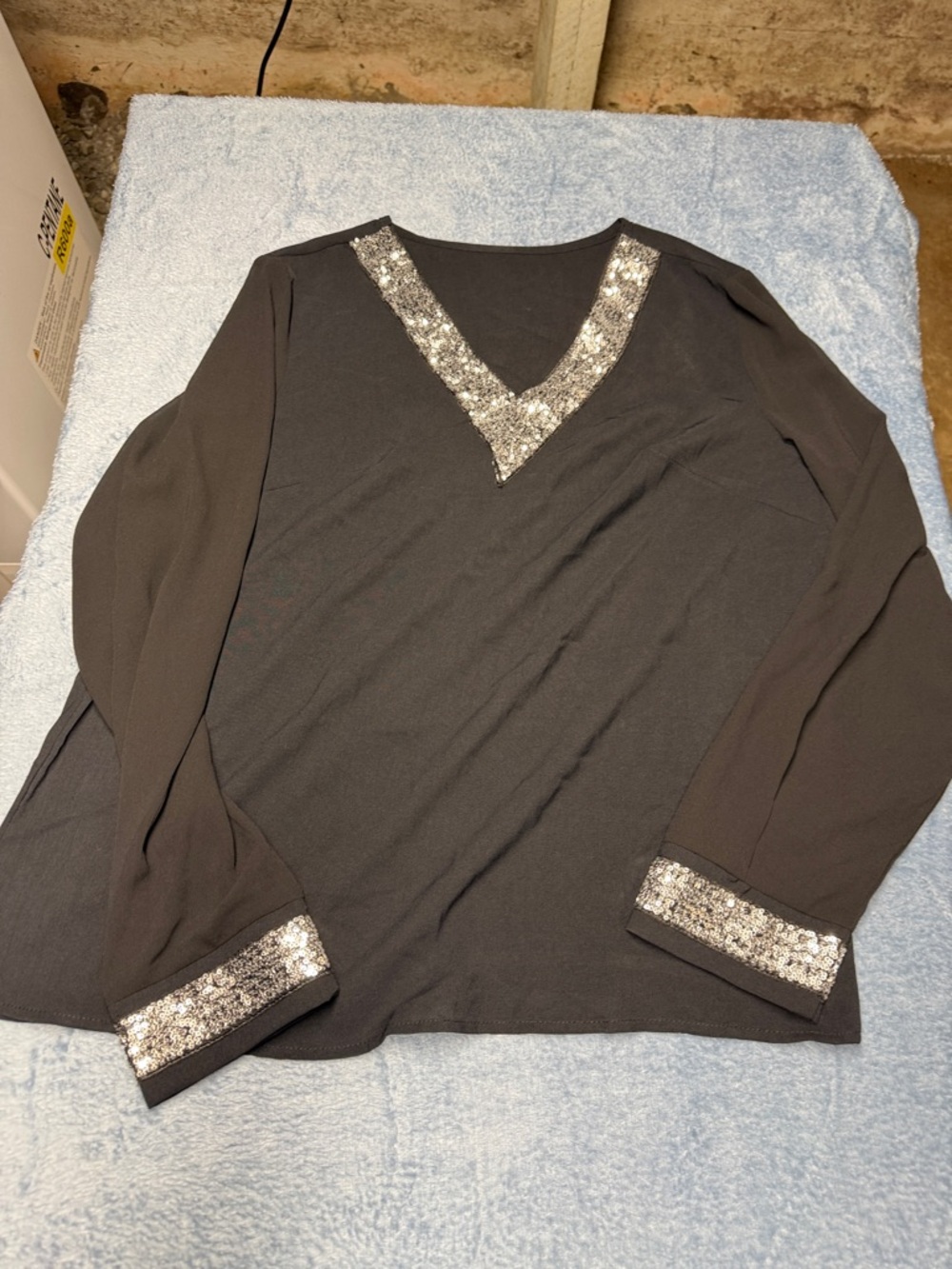 SHEIN Black Long Sleeve V-Neck Top with Silver Sequin Trim
